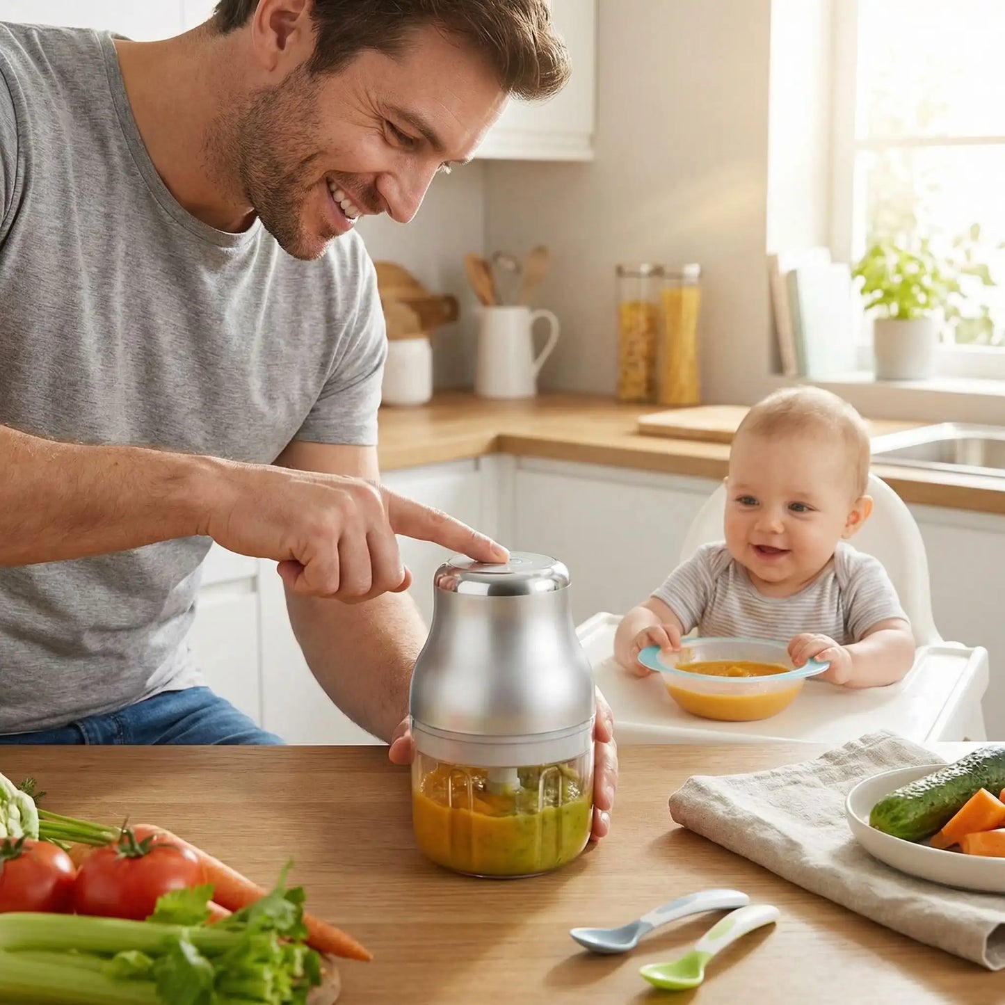 mini hachoir electrique papa utilise pour faire purée pour bébé