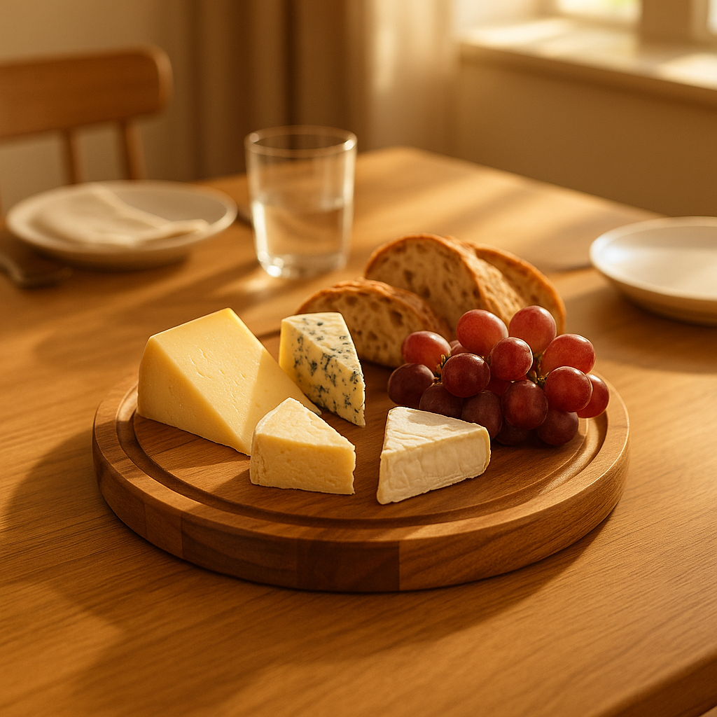 planche à découper en acacia fromage pain raisins ronde 25 cm