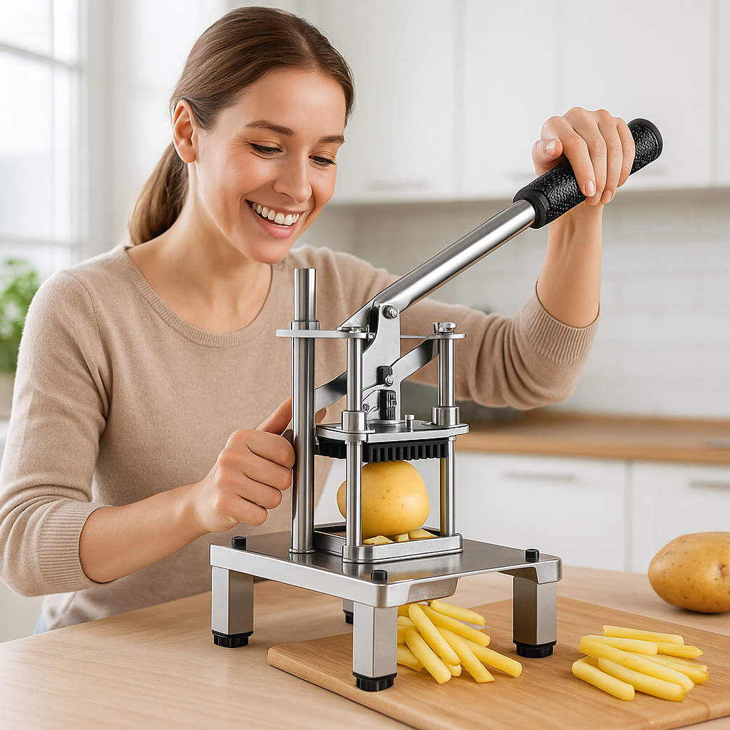 coupe frite femme souriante presser levier facilement rapidement