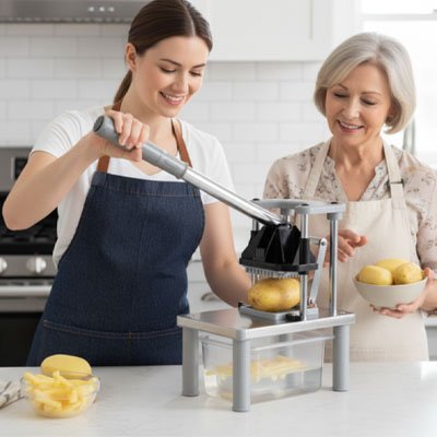 coupe frite professionnel mamie et sa fille passait bon moment avec la machine