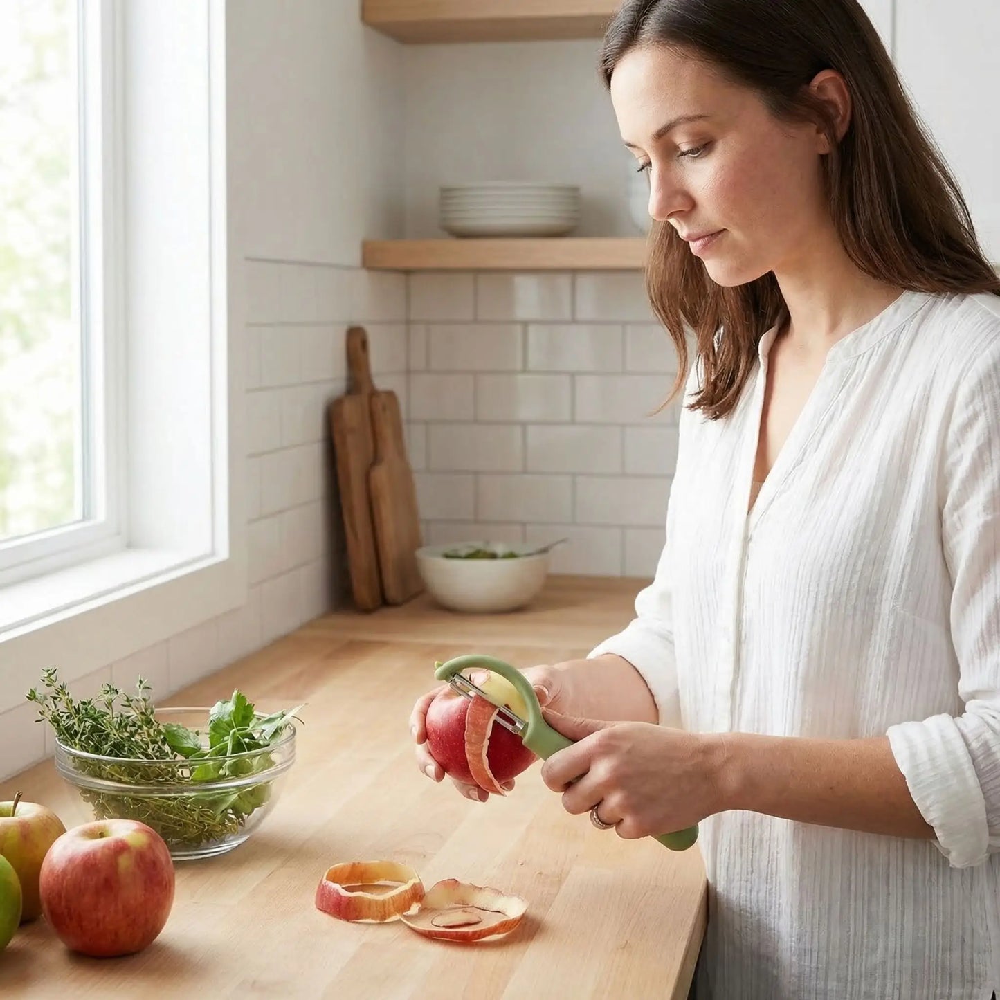 econome eplucheur femme concentrée à éplucher sa pomme