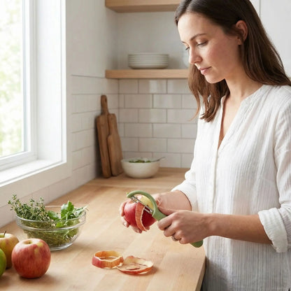 econome eplucheur femme concentrée à éplucher sa pomme