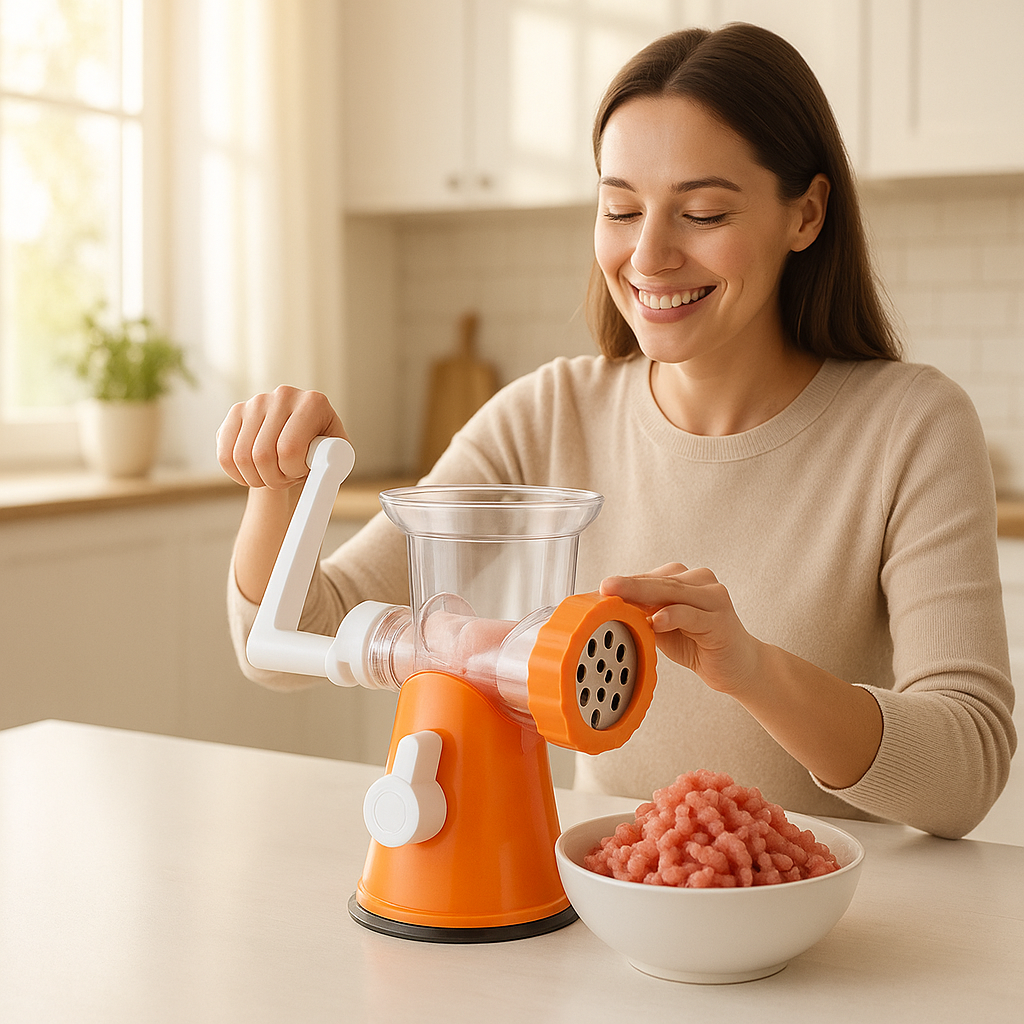 hachoir à viande femme souriante bien hacher la viande
