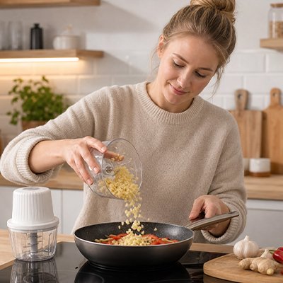 Mini hachoir electrique plein ingrédients hachés pour les repas