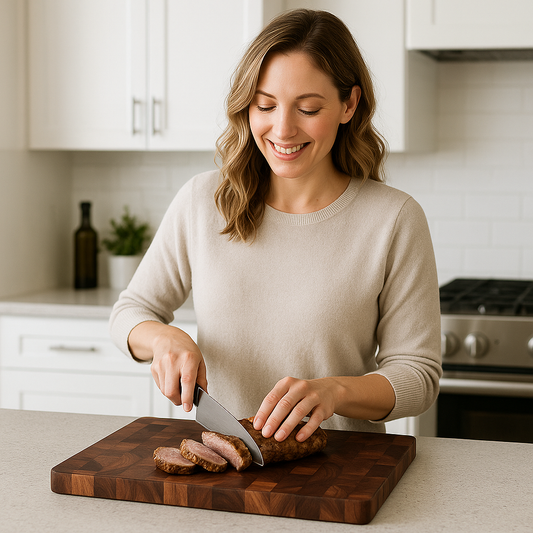 planche à découper acacia femme qui coupe en souriant la viande
