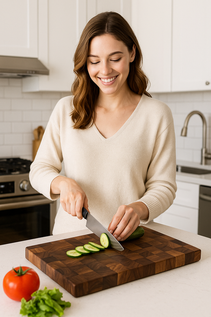 planche à découper acacia femme qui coupe en souriant un cocombre