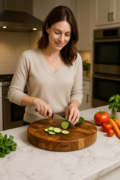 planche à découper en acacia femme qui coupe cocombre avec la planche robusta
