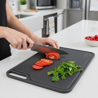 Planche a decouper trancher des tomates dessus