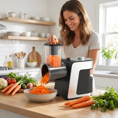 râpe à légumes électrique femme souriante utilise éfficacement