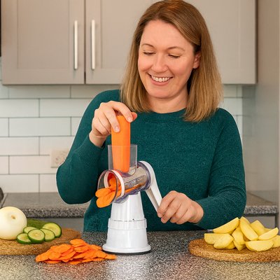Râpe à légumes manuelle femme contente que ça soit vite et sécuritaire